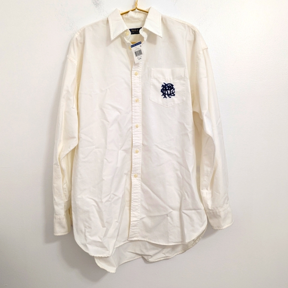 NWT Vintage Polo Ralph Lauren Off-White Button-Down Shirt w/ Large Black Logo
